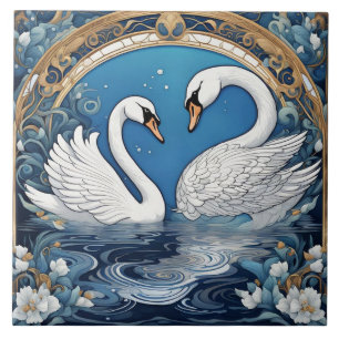 Carreau Cygnes blancs sur le lac Art Nouveau Oiseau Art Dé