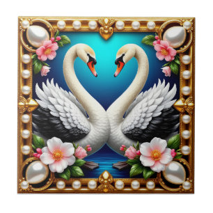 Carreau Cygnes de mariage Cadre doré Art floral romantique