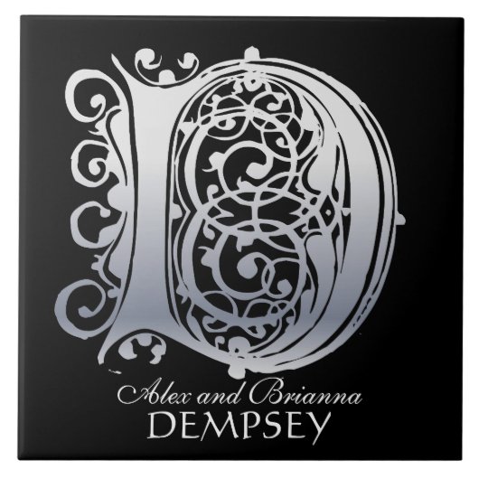 Carreau D Monogramme "Dentelle d'argent sur noir" avec Nom (Devant)
