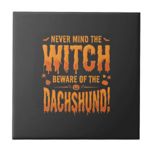 Carreau Dachshund Halloween Sorcière Avertissement Typogra