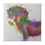 Carreau Dachshund & Lunettes Rainbow Splash<br><div class="desc">Cette impression d'aquarelle présente un portrait coloré d'un dachsund dans des lunettes turquoises ornées de fleurs | Par Fab Funky</div>