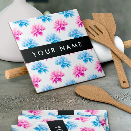 Carreau Dahlia rose et bleu, motif floral, Votre nom