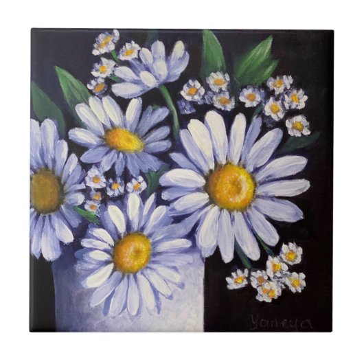 Carreau Daisies flower ceramic tile coasters (Devant)