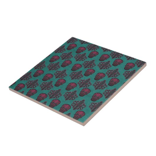 CARREAU DAMASK SKULL CHAUD ROSE SUR TURQUOISE (Côté)