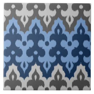 Carreau Damassé d'Ikat de Marocain, bleu et gris/gris