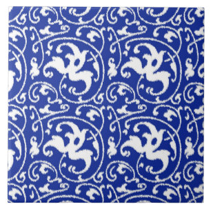 Carreau Damassé florale d'Ikat - bleu et blanc de cobalt