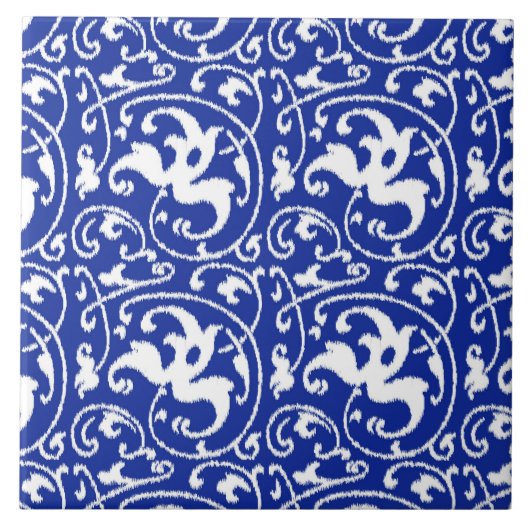 Carreau Damassé florale d'Ikat - bleu et blanc de cobalt (Devant)