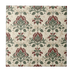 Carreau Damassé Ornemental Rouge Vert Texture Vintage