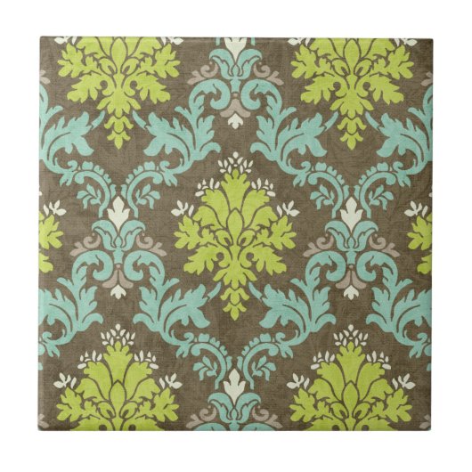 Carreau Damassé vintage de Celadon et d'Aqua (Devant)