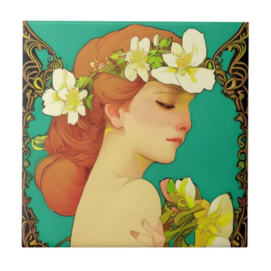 Carreau Dame celtique avec des fleurs dans ses cheveux (Devant)