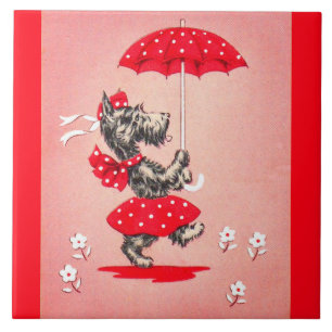Carreau Dame de chien écossaise portant un parapluie