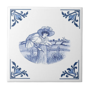 Carreau Dame Vintage et chien Delft Corner bleu et blanc