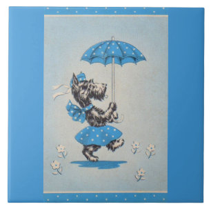 Carreau Dames de chien écossaises portant un parapluie