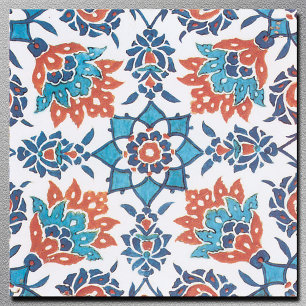 Carreau d'art floral vintage bleu rouge blanc