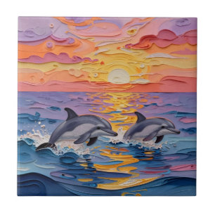 Carreau Dauphins et vagues océaniques en impasto  