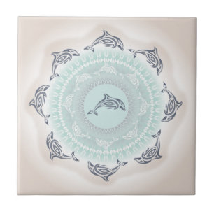 Carreau Dauphins Mandala Bleu Pâle Taupe