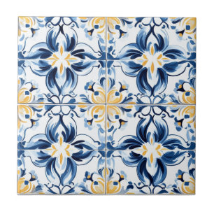 Carreau de céramique à motif bleu et or