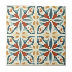 Carreau de céramique à motif bleu jaune et rouille