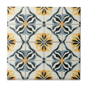 Carreau de céramique à motif bleu or et blanc cass