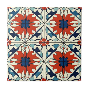 Carreau de céramique à motif rouge, bleu et blanc
