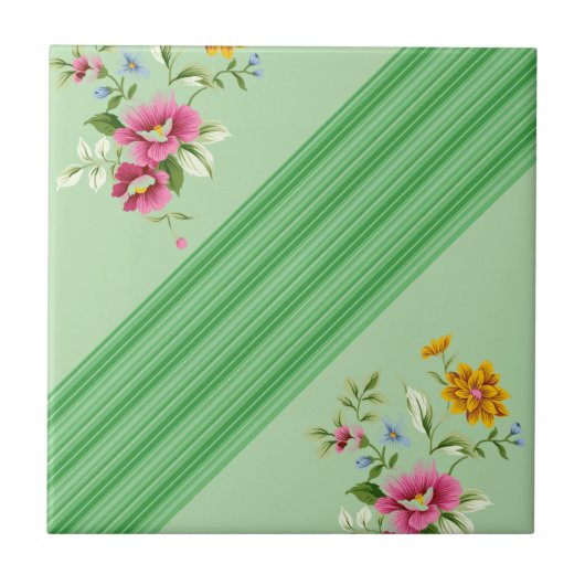 Carreau de céramique à rayure verte florale (Devant)