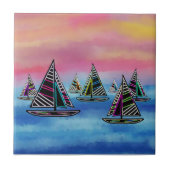 Carreau de céramique au néon de voiliers au soleil (Devant)