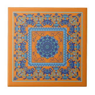 Carreau de céramique bleu et orange à motif islami