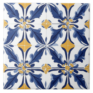 Carreau de céramique bleu, or et blanc