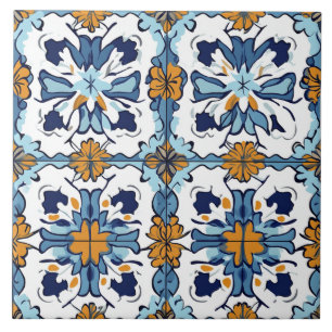 Carreau de céramique bleu, or et blanc