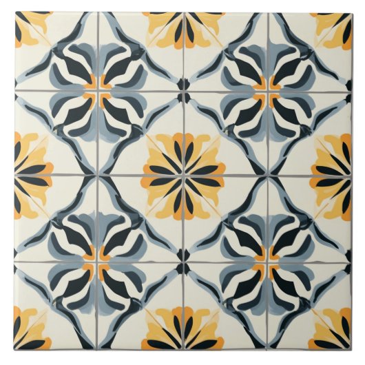 Carreau de céramique bleu, or et blanc cassé (Devant)