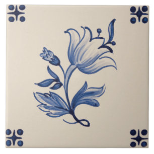 Carreau de céramique - Carreau floral ivoire et bl