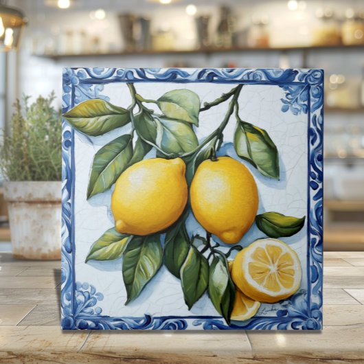 Carreau de céramique citron avec bordure bleu clas