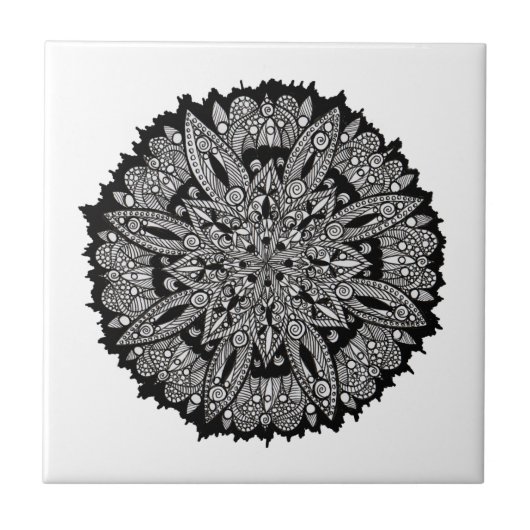 Carreau de céramique de mandala noir et blanc (Devant)