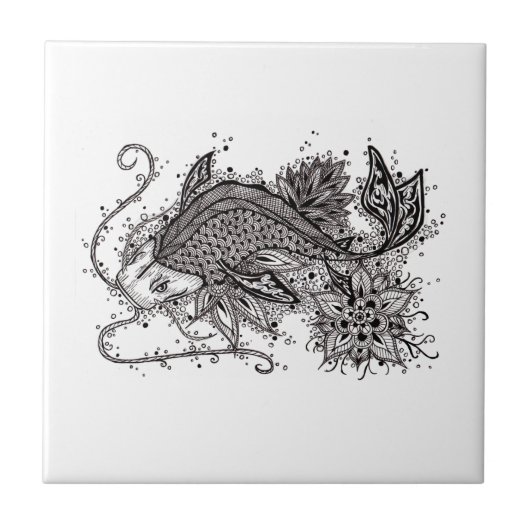 Carreau de céramique de tatouage de Lineart Koi (Devant)