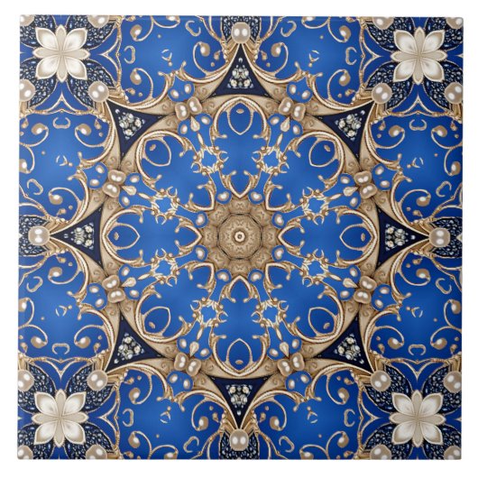 Carreau de céramique décoratif bleu or (Devant)
