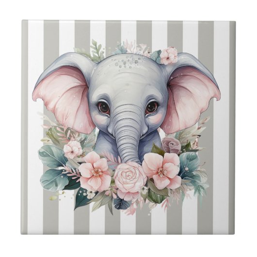 Carreau de céramique éléphant à rayures grises et (Devant)