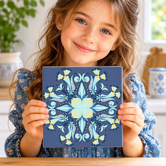 Carreau de céramique floral Art Nouveau en bleu de