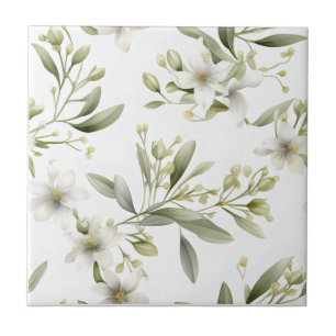 Carreau de céramique floral blanc vert sauge