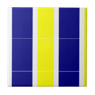 Carreau de céramique jaune et bleu à rayures blanc