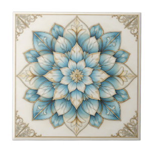Carreau de céramique mandala floral bleu or élégan