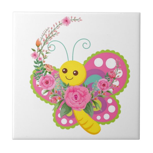 Carreau de céramique Papillon floral blanc (Devant)
