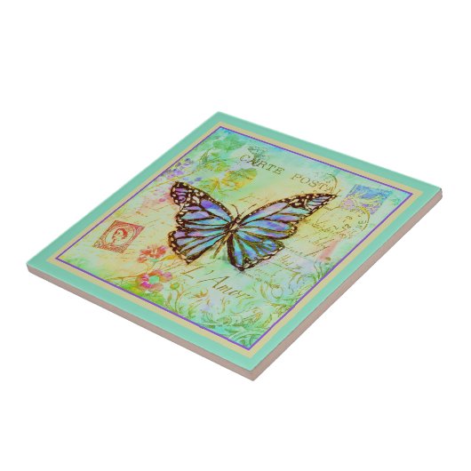 Carreau de céramique papillon sarcelle et violet (Côté)