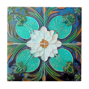 Carreau de céramique portugais grenouille lotus bl
