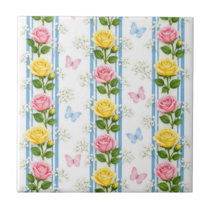 Carreau de céramique Rayure bleue Roses roses et j