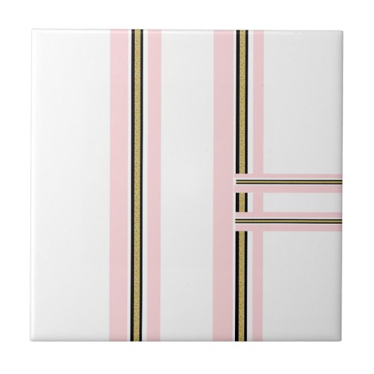 Carreau de céramique rose et blanc rayure noire or (Devant)