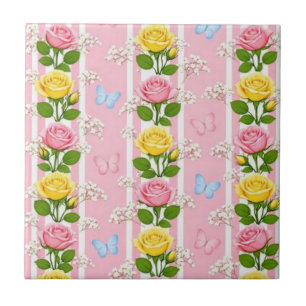 Carreau de céramique Rose rose et jaune à rayures