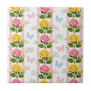 Carreau de céramique Roses roses et jaunes Rayure