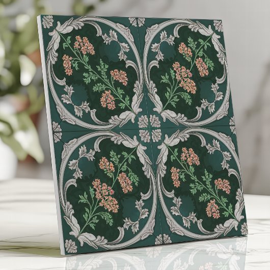 Carreau de défilement floral vintage sarcelle vert