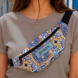 Carreau de majolique sicilien bleu blanc élégant