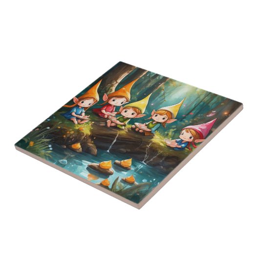 Carreau De mignons petits elfes dans la rivière (Côté)